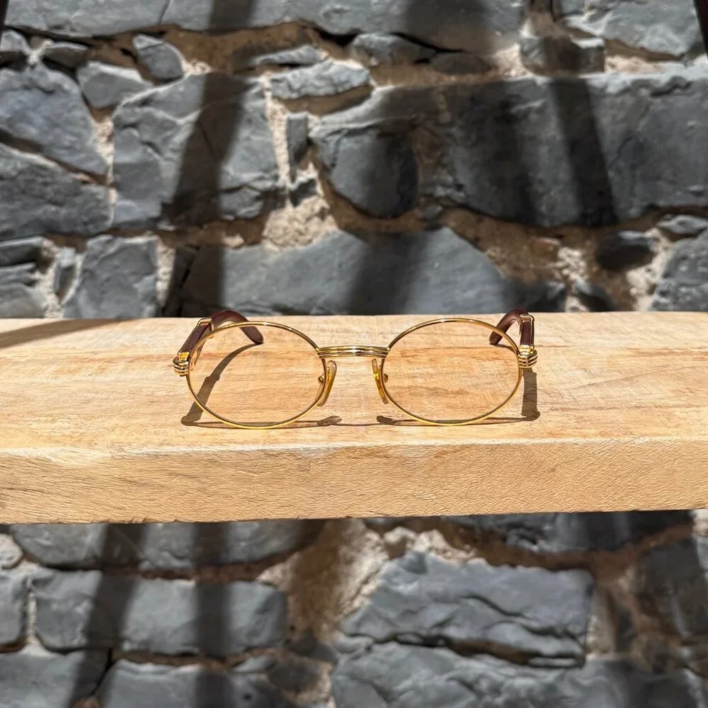 Must de Cartier Vintage Giverny Gold Plated Round Bubinga Wood Sunglasses - Picture 2 of 16